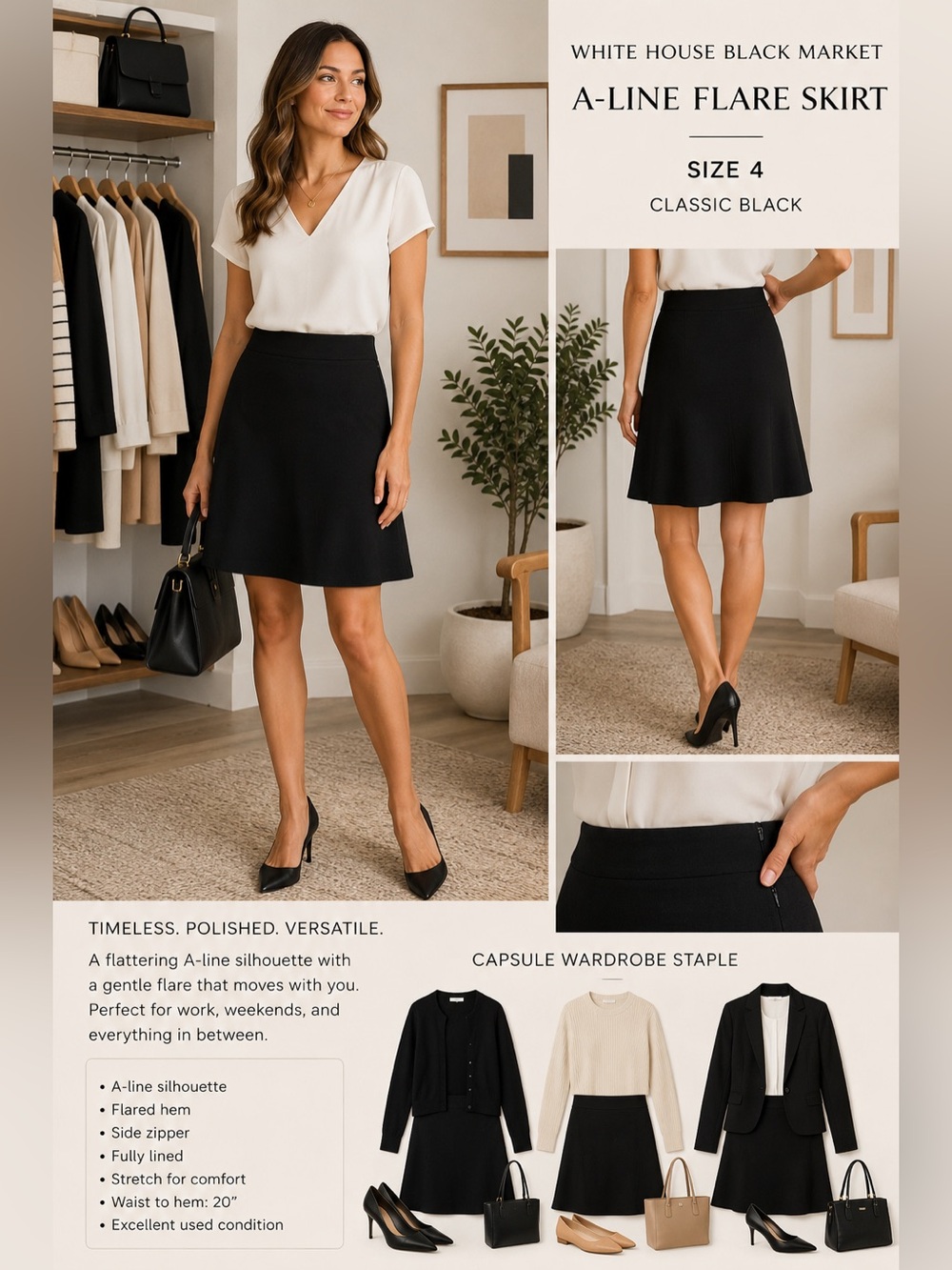 White House Black Market Black Flare A-Line Skirt Size 4 Lined Career Classic